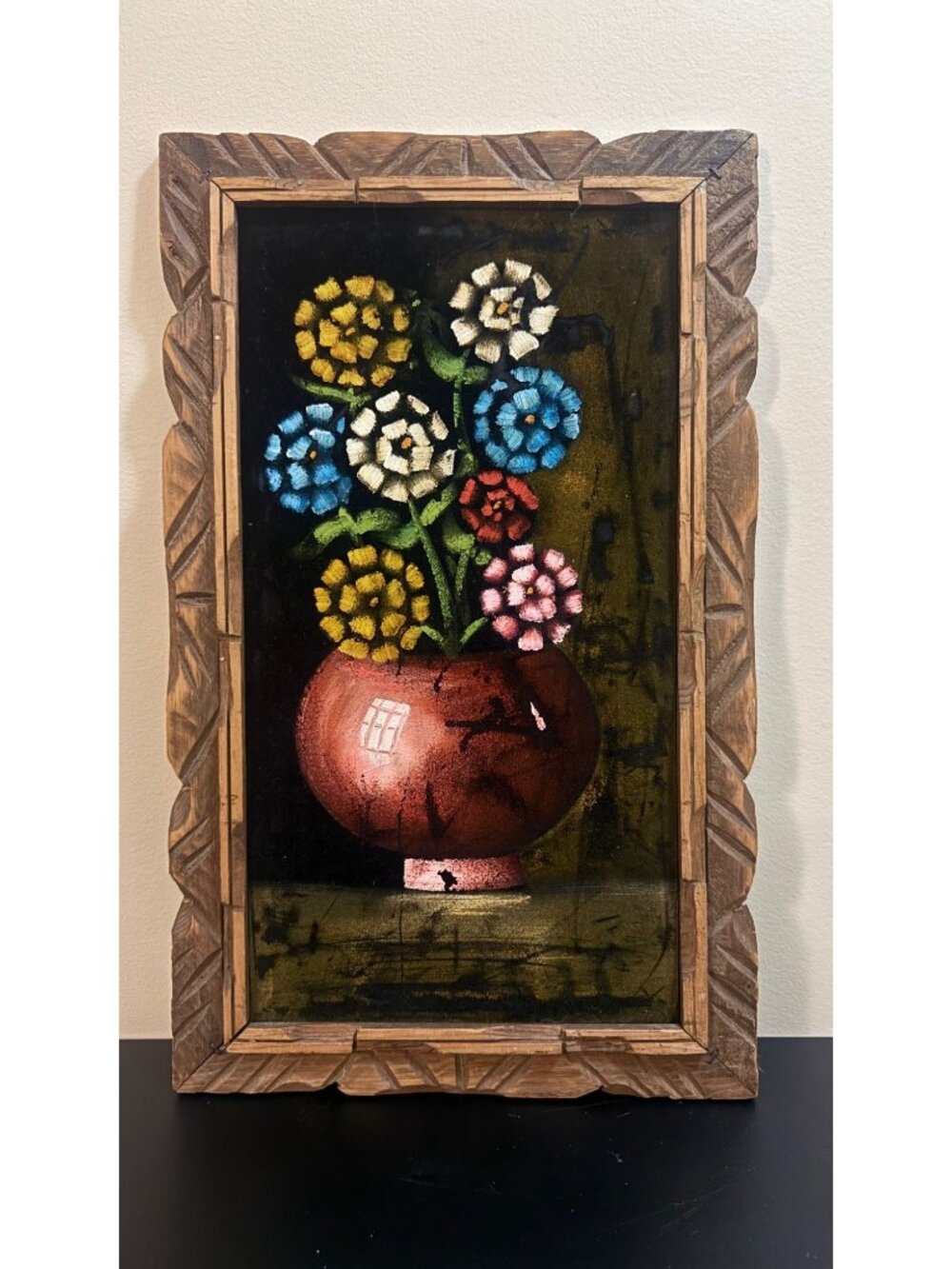 MCM Mexican Still life velvet painting in wood carved frame